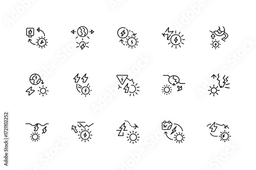 Crisis Solar Energy Trip Icon Pack, Solar Power Emergency Travel Icons, Renewable Energy Crisis Journey Set, Eco Solar Disaster Trip Icons, Sustainable Solar Travel Emergency Icons
