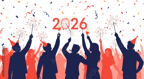 Modern Silhouette Crowd Celebrating New Year 2026 with Sparklers Illustration