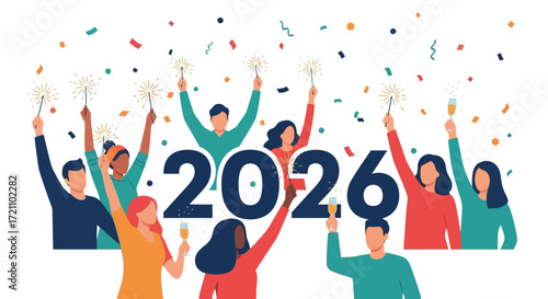 Minimalist Celebration 2026 Year Illustration People Celebrating New Year Design