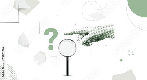 Curious hand pointing at question mark with magnifying glass, symbolizing investigation, discovery, and finding answers in a modern abstract design