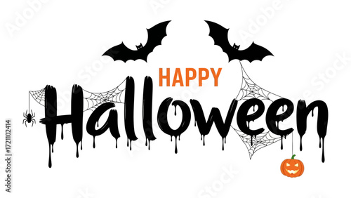 Happy Halloween: A festive design with bats, cobwebs, spider and a grinning pumpkin, embodies the spirit of Halloween, conveying the spooky and fun-filled essence of the holiday. 