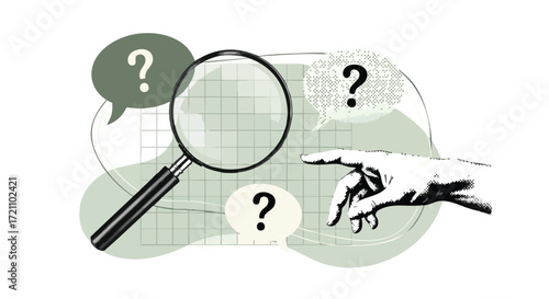 Magnifying glass examining a grid with question marks in speech bubbles, representing inquiry and analysis.