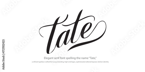 Elegant serif font spelling the name “Tate,” a refined typeface crafted for luxury branding, high-end logos, sophisticated editorial layouts, fashion identity, upscale packaging.