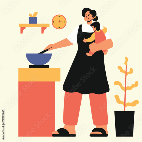 woman preparing food and cooking happily in the kitchen illustration