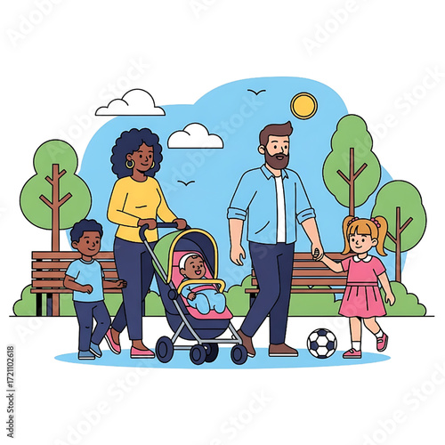 Diverse Family Walking in Park with Stroller and Kids Playing Illustration