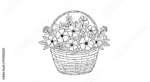 A delicate black and white line art illustration of a woven basket filled with a beautiful bouquet of various flowers and leaves.