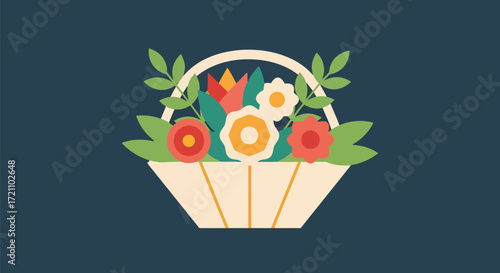 A simple and colorful flat design icon of a wicker basket filled with a beautiful arrangement of flowers and green leaves.