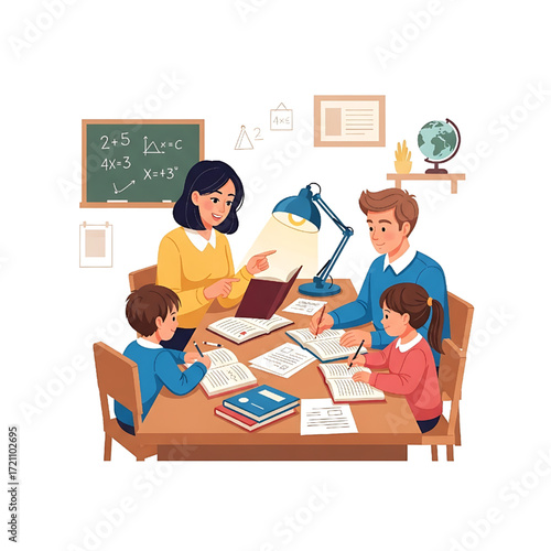 Happy Family Studying Together Parents Helping Kids with Homework Home Schooling