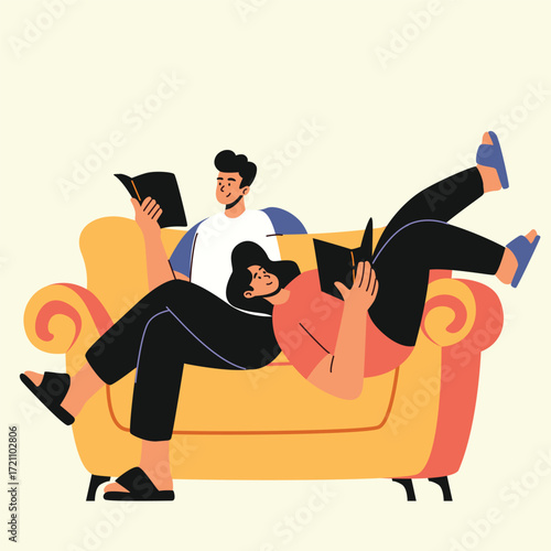 family enjoying a relaxing time reading books together illustration