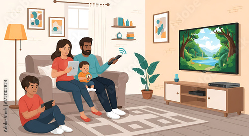 Happy Family Enjoying Digital Entertainment with Smart TV and Gadgets at Home