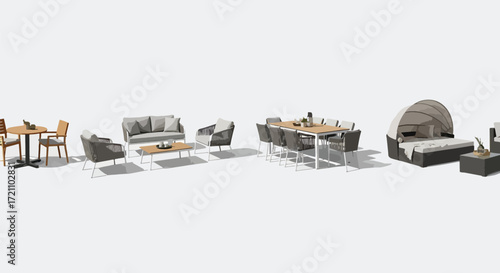 A 3D render or vector set of modern living room furniture, including sofas, chairs, and tables, isolated on a white background.