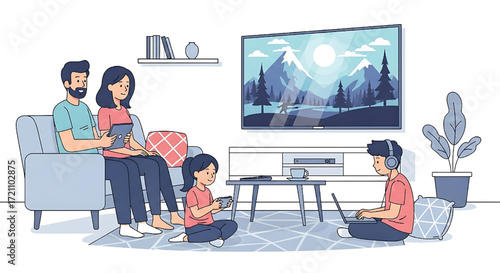 Happy Family Relaxing Together at Home Watching TV and Using Digital Devices