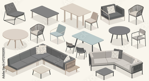 A large isometric vector set of various home furniture for different rooms, including living room, bedroom, and dining area pieces.