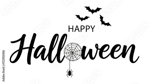 Happy Halloween Design: A festive, illustrated Happy Halloween greeting, artfully designed with spooky spiders, hanging webs, and silhouetted bats, embodying the spirit of the holiday.