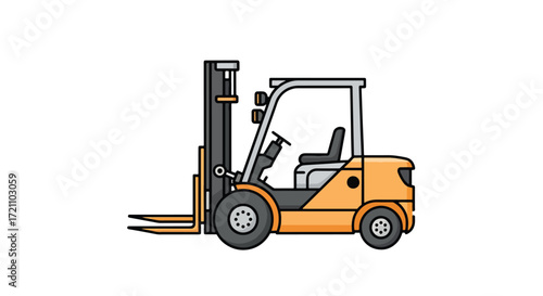 A simple, colorful cartoon vector illustration of a yellow forklift truck used for lifting and moving cargo in a warehouse or factory.