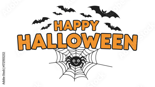 Spooky Halloween Greetings: A whimsical Happy Halloween greeting, featuring playful bat silhouettes, a cartoon spider, and a detailed spiderweb, conjuring the fun of a Halloween celebration.