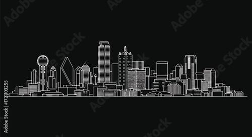 A glowing white outline of a modern city skyline at night, with prominent skyscrapers on a solid black background for a minimalist look.