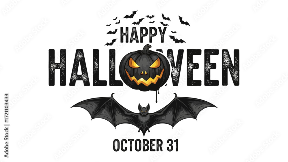 Fototapeta premium Spooky Halloween Invitation: A festive illustration captures the essence of Halloween, featuring a carved pumpkin, a shadowy bat, and fluttering silhouettes of bats against a backdrop.