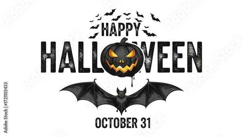 Spooky Halloween Invitation: A festive illustration captures the essence of Halloween, featuring a carved pumpkin, a shadowy bat, and fluttering silhouettes of bats against a backdrop.