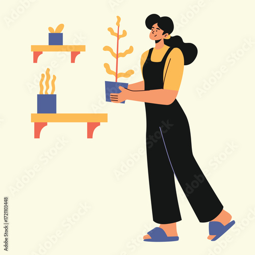 woman taking care of her indoor plants by watering them illustration