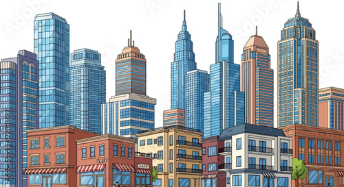 A colorful, flat-style vector illustration of a bustling modern city street with diverse skyscrapers, buildings, and a clear blue sky.