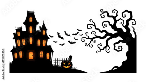Spooky Halloween Silhouette: An ominous haunted house, complete with a grinning jack-o'-lantern and a bare, twisting tree. Bats take flight, embodying the thrilling yet chilling spirit of the night.