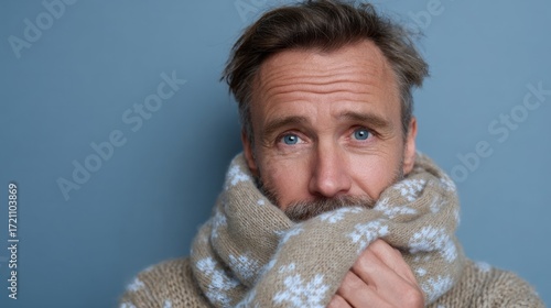 Gentleman wrapped in cozy knits, Nordic warmth, hygge embrace, capturing Yuletide spirit on a blustery winter solstice