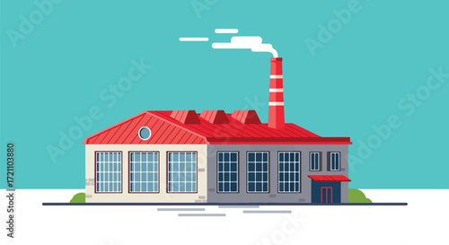 A simple, flat design vector illustration of a red industrial factory building with a tall smokestack, on a light green background.