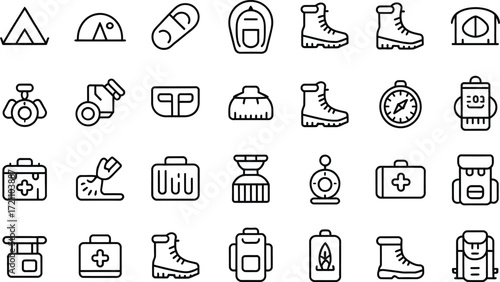 Essential camping gear icons for adventurous outdoor trips, perfect for travel blogs, hiking guides, and nature-themed designs, scalable vector
