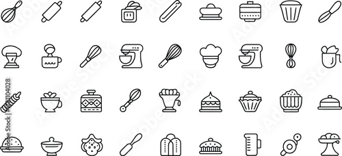 Essential baking tools line art set, create delicious homemade treats with these icons, perfect for culinary blogs, recipe books, and baking enthusiasts projects