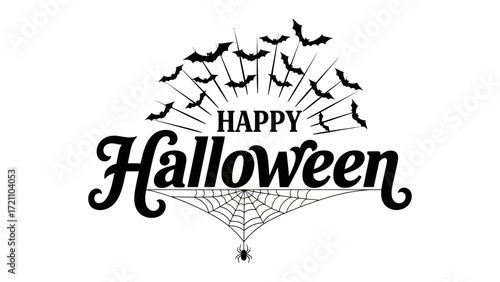 Happy Halloween: A spooky Halloween graphic design featuring bats, a spider web and a spider evokes a sense of joyful anticipation for a night of frightful fun.