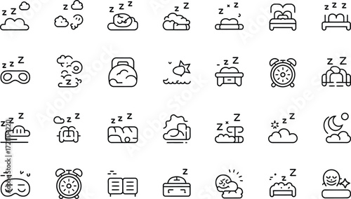 Sleepy time icons for restful nights and sweet dreams, perfect for wellness apps and bedtime story illustrations, originally a scalable vector graphic