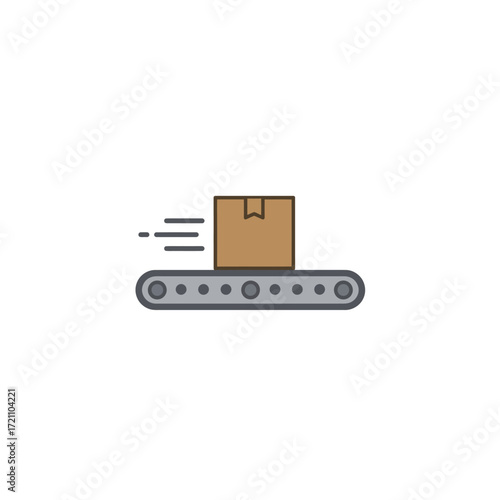 Fast moving package on a factory conveyor belt, symbolizing efficient industrial logistics and rapid delivery services.