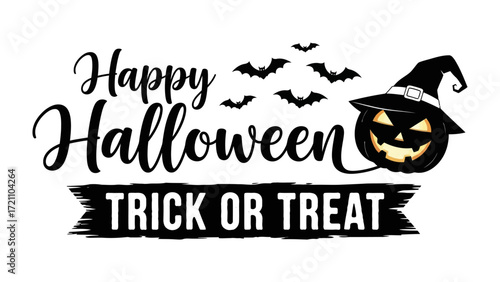 Halloween: A festive composition featuring a grinning Jack-o'-lantern in a witch hat, playful bats silhouetted against the dark sky, and elegant lettering to spread joyful greetings. 
