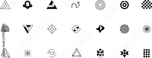 Diverse geometric icon set, perfect for branding, logo design, and modern web elements conveys innovation, creativity, and minimalist aesthetic for visual identity