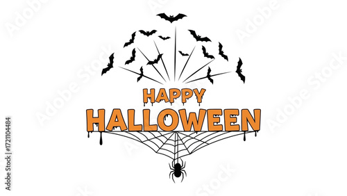 Spooky Halloween Celebration: An ominous emblem of Halloween, a swarm of bats takes flight above a chilling spiderweb that dangles a creepy spider, with the message Happy Halloween gracing the image.
