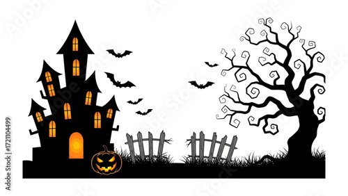 Spooky Halloween Silhouettes: An evocative digital illustration captures the essence of Halloween night. A haunted house and eerie tree stand against a backdrop of flying bats.