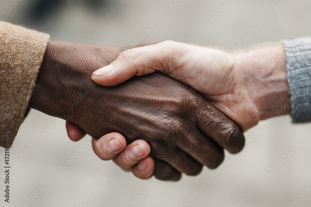 Fototapeta premium Business Negotiation Moment Two Businesspeople Shaking Hands in Urban Environment Documentary Style Photo