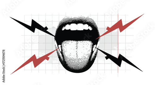 Dynamic screaming mouth with lightning bolts symbolizes powerful expression and energetic communication