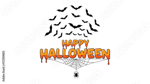 Halloween's Spooky Greeting: Spooky night, with a haunting spider web and fluttering bats set the scene for a 'Happy Halloween' celebration, exuding an eerie charm.
