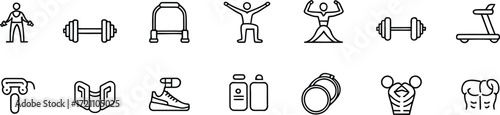 Fitness icons for modern gym or studio branding, showing weights, treadmill, and exercise equipment in a sleek, minimalist style for health and wellness projects