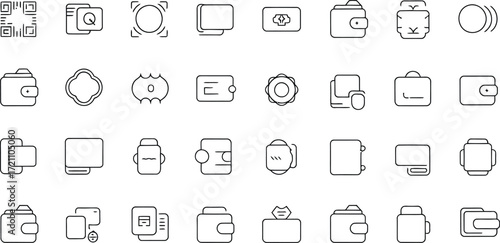 Modern outline icon set showcasing wallets and payment methods perfect for finance apps, fintech designs, and minimalist user interfaces, conveying money and savings