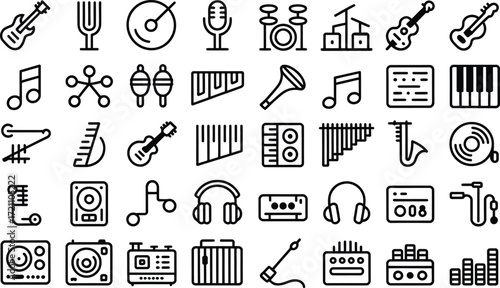 Dynamic set of musical instrument icons for creative music projects, from guitar to saxophone, perfect for education, events, or artistic expression