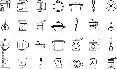 Essential kitchen tools collection for culinary projects, showcasing mixers, pots, grinders, and utensils for food preparation and cooking mastery