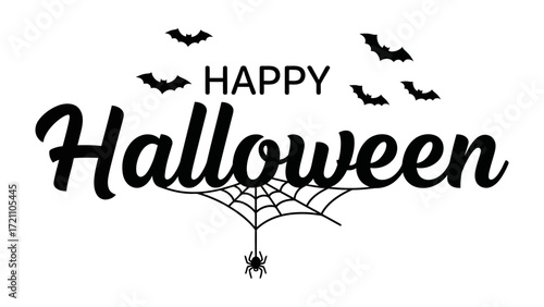 Happy Halloween Celebration: Spooky bats, a delicate spiderweb, and a dangling spider celebrate a festive Halloween. This graphic art is the embodiment of the season of scare. 
