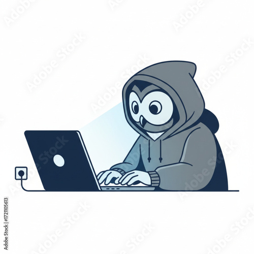 Cartoon owl in a hoodie working as a hacker or programmer on a laptop, a symbol of wisdom and late-night coding