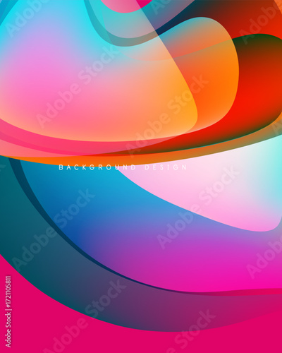 Abstract colorful shapes overlap, creating vibrant dynamic background. Smooth gradients blend pinks, blues, oranges, reds. Modern design element.