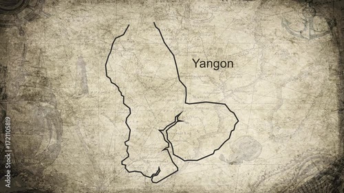 Yangon map drawn on a cartography background sheet of paper