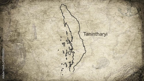 Tanintharyi map drawn on a cartography background sheet of paper