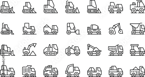 Heavy equipment icons showcasing construction vehicles for infrastructure projects, industrial machinery, and engineering design – scalable vector graphics